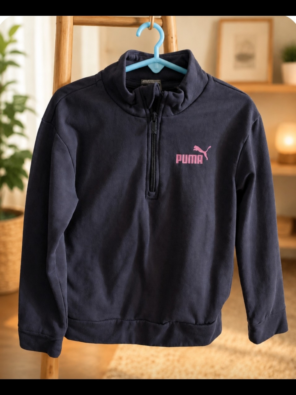 Puma Youth Navy Quarter-Zip Sweatshirt with Pink Logo- Size 6